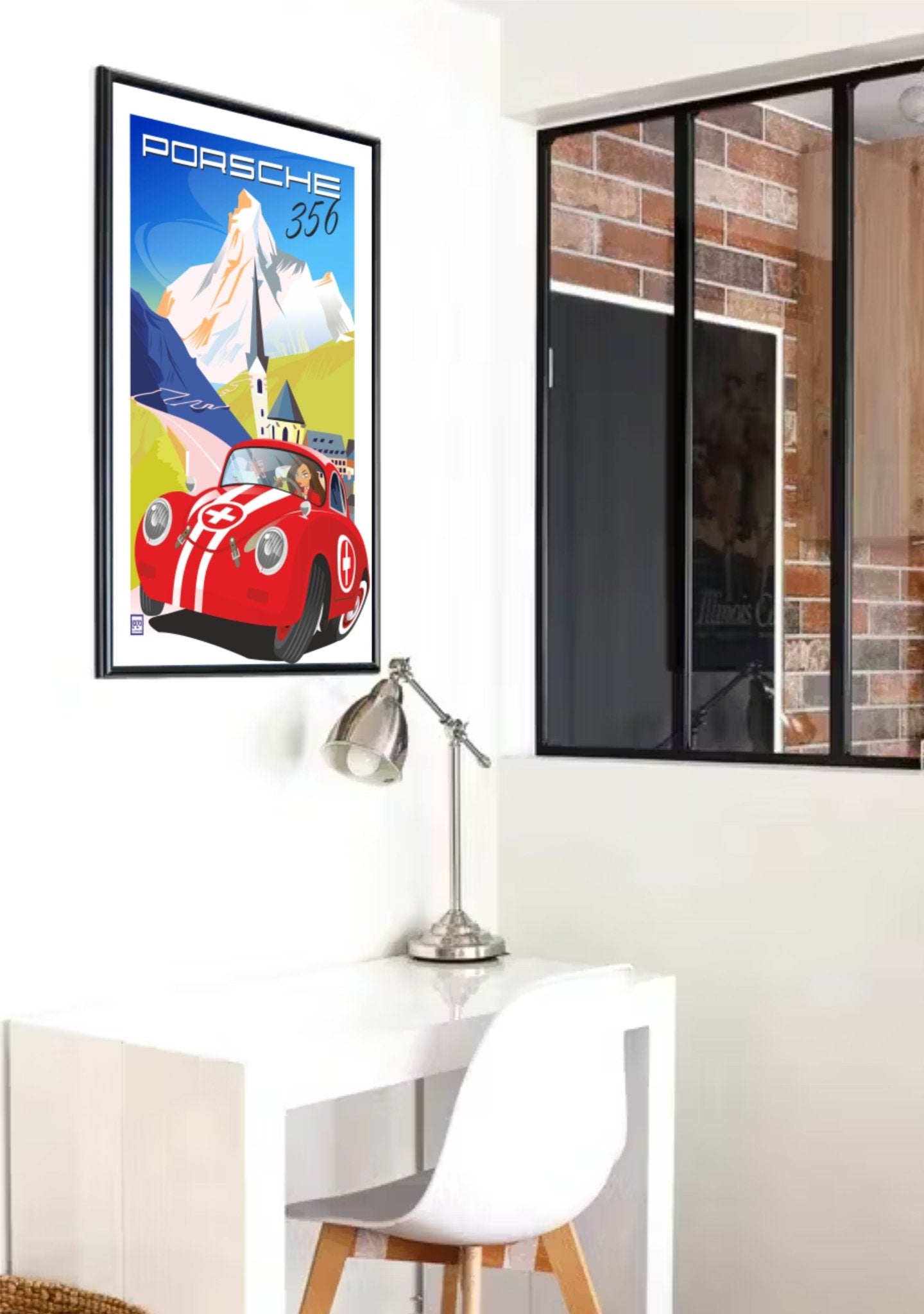 Illustration Néo - Rétro Porsche 356 Signée - Détails Flamboyants sur Papier Lithographique - laurent loiseau