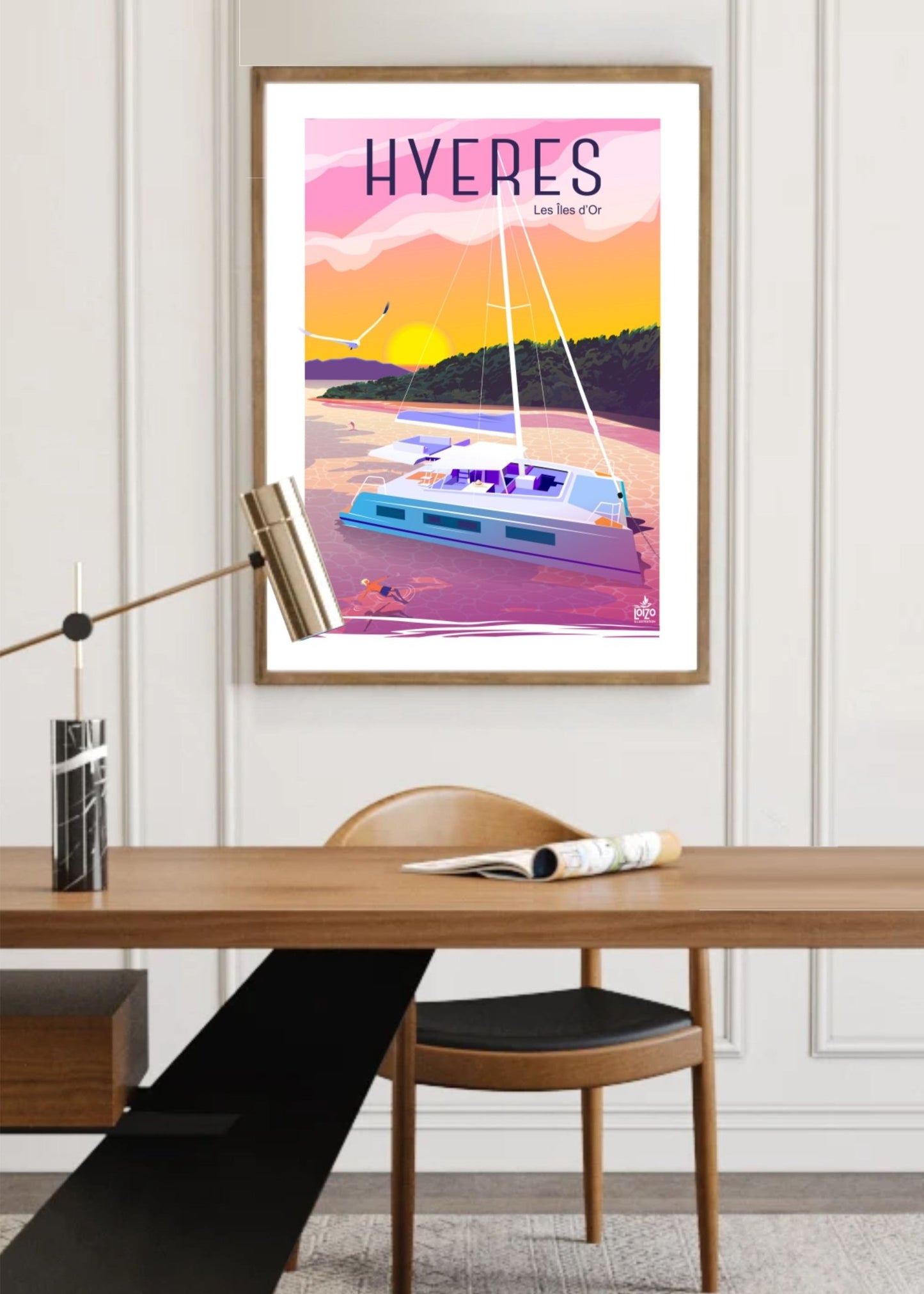 Illustration Unique Catamaran Au Lever De Soleil - Îles D'Or, Hyères, Signée par Loiseau - laurent loiseau