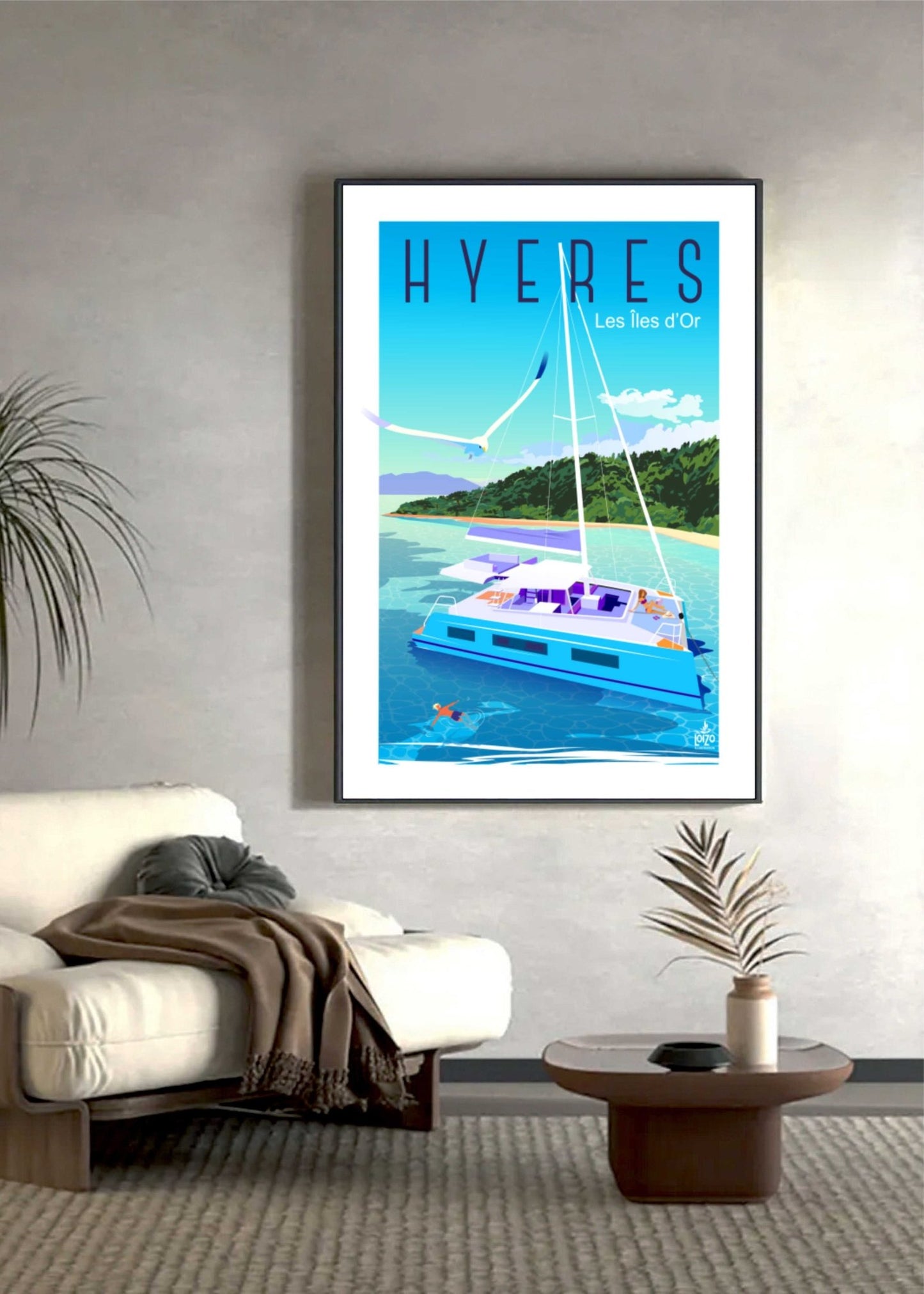 Illustration Catamaran Hyères Les Îles D'Or - Art Original Signé Sur Papier Lithographique 270gr - laurent loiseau