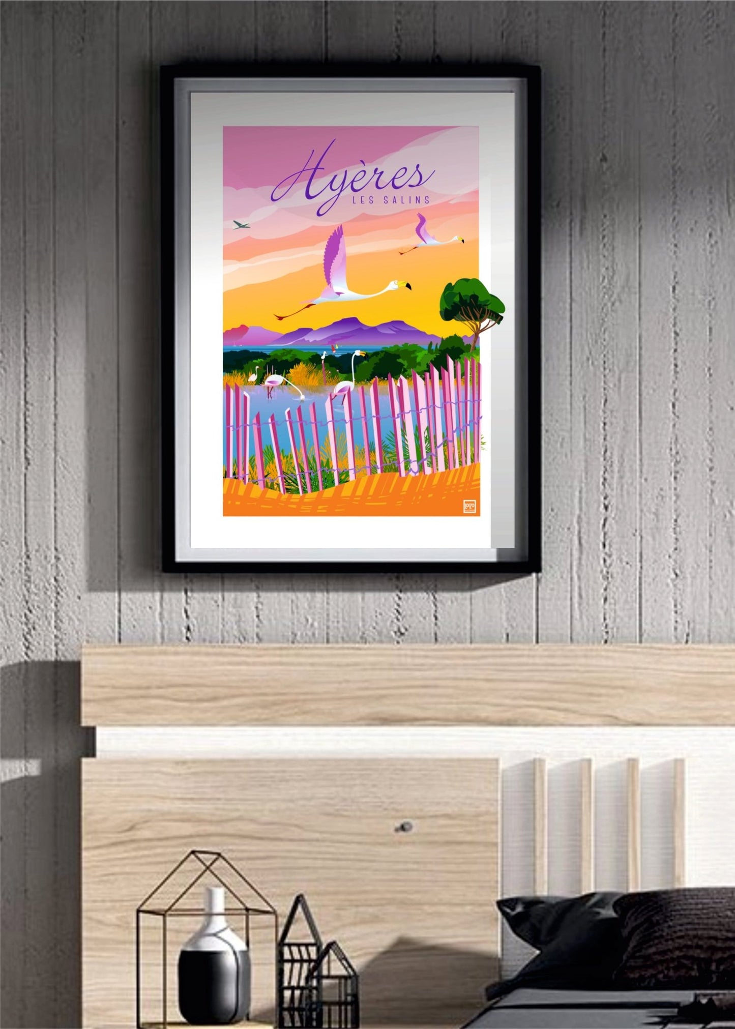 Illustration Originale Flamants Roses Hyères - Espace Nature aux Salins, Signée par Loizo - laurent loiseau