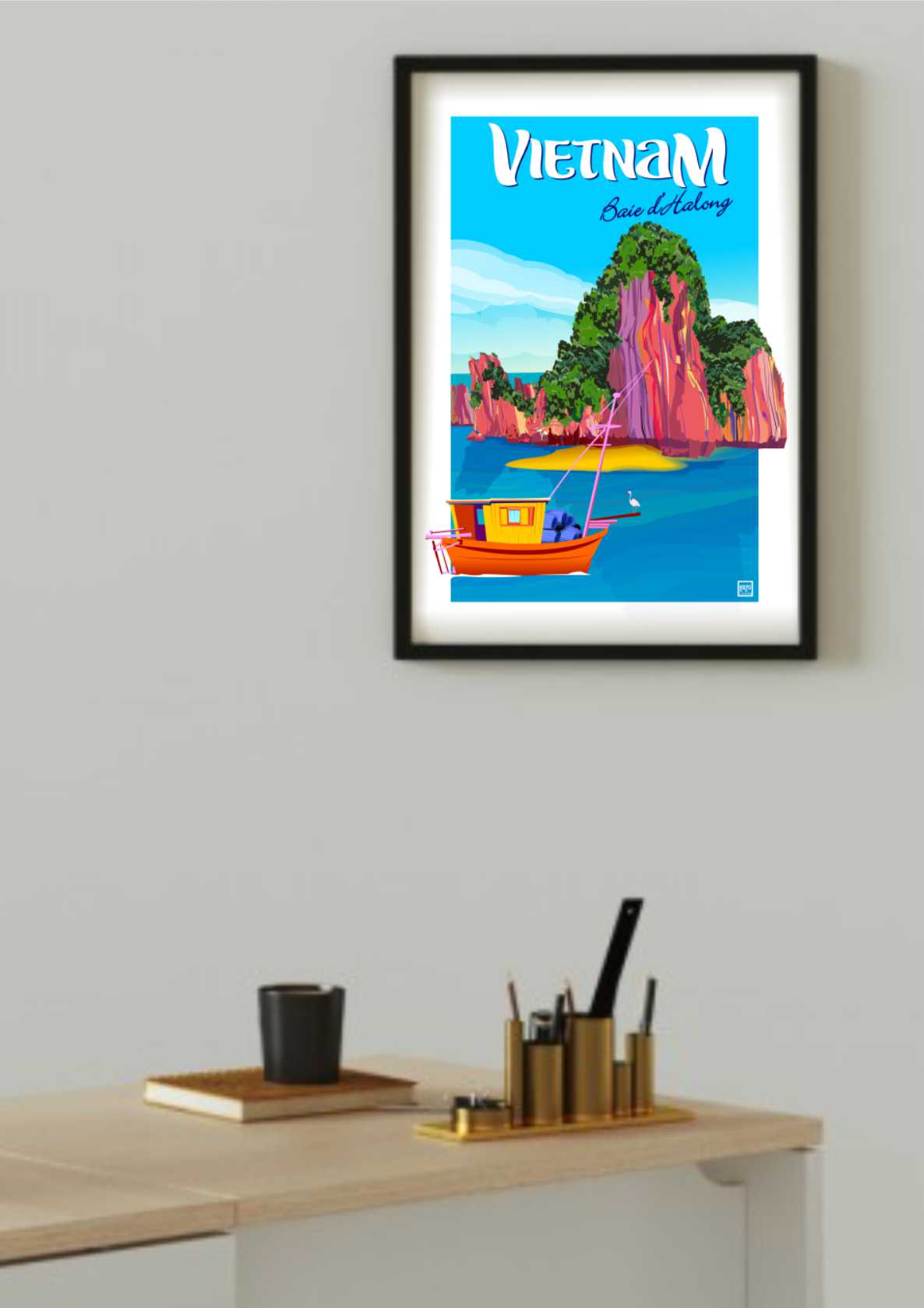 Illustration Originale Néo - Rétro Baie D'Halong Vietnam - Couleurs Flamboyantes Avec Certificat D'Origine - laurent loiseau