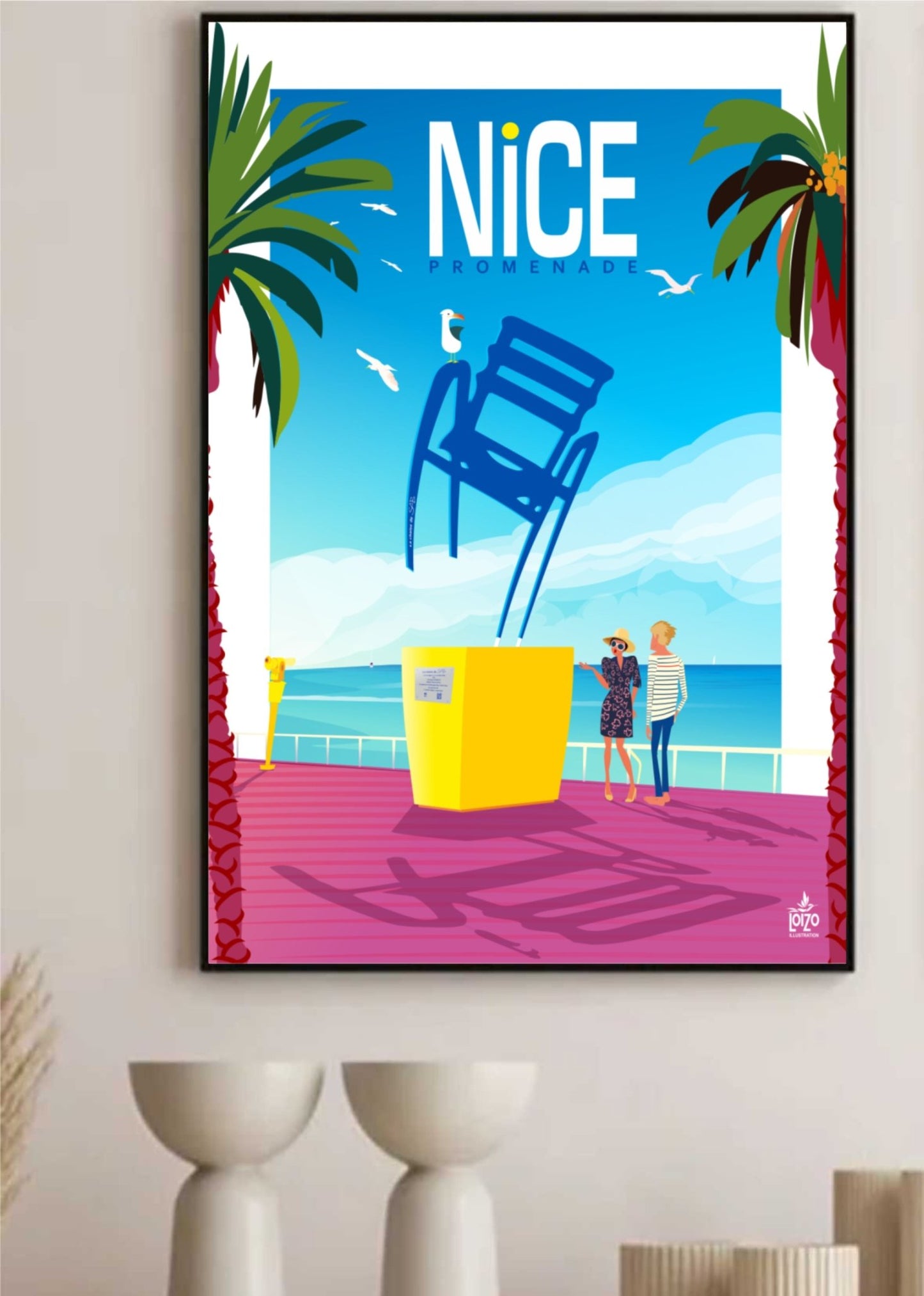 Illustration Originale La Chaise de Sab - Promenade à Nice, Papier Lithographique 270gr - laurent loiseau