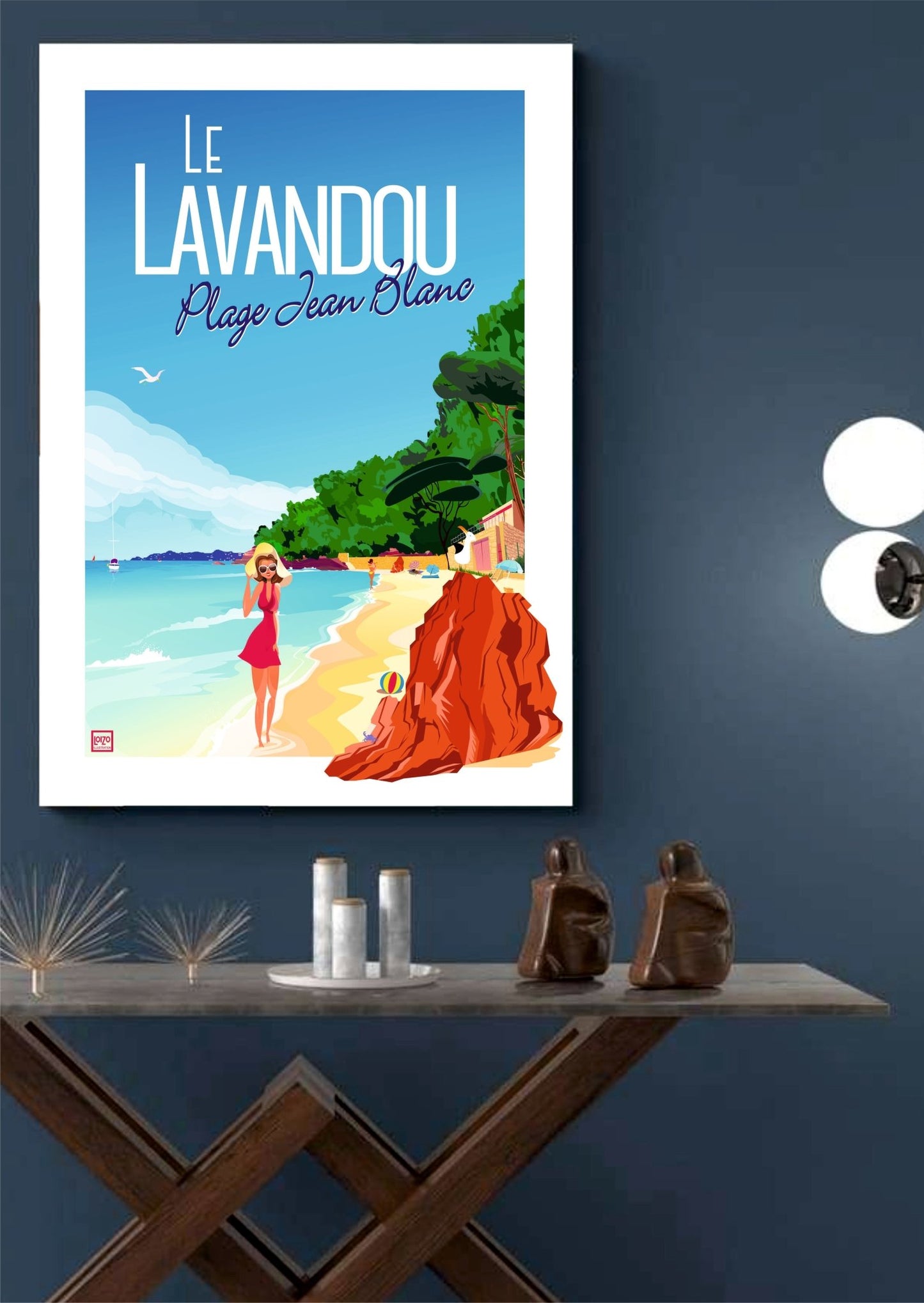 Illustration Néo - Rétro Le Lavandou Plage Jean Blanc - Couleurs Flamboyantes, Écrin d'Argent - laurent loiseau