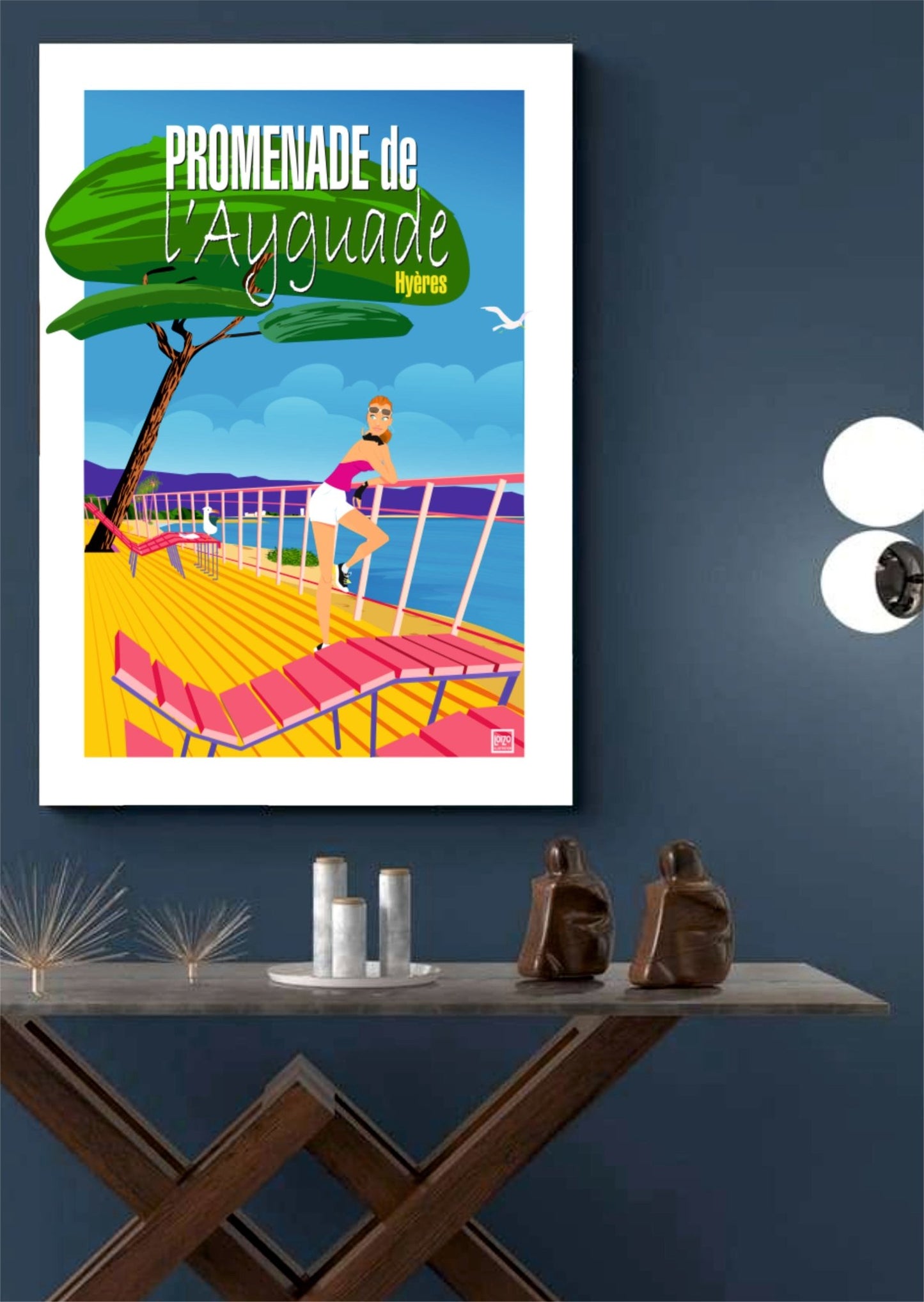 Illustration Originale Ville Hyères Promenade de l'Ayguade sur Papier Lithographique 270gr - laurent loiseau
