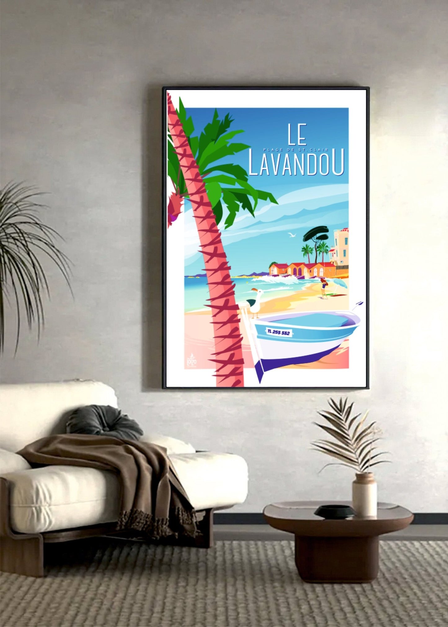 Illustration Vintage Néo - Rétro Plage De Saint Clair, Couleurs Flamboyantes – La Barque - laurent loiseau