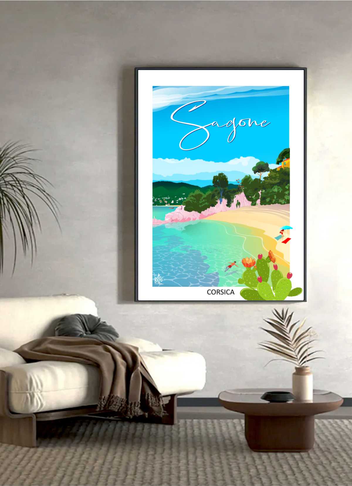 Illustration Originale Corse - Plage de Sagone par Laurent Loiseau, Papier Lithographique 270gr - laurent loiseau