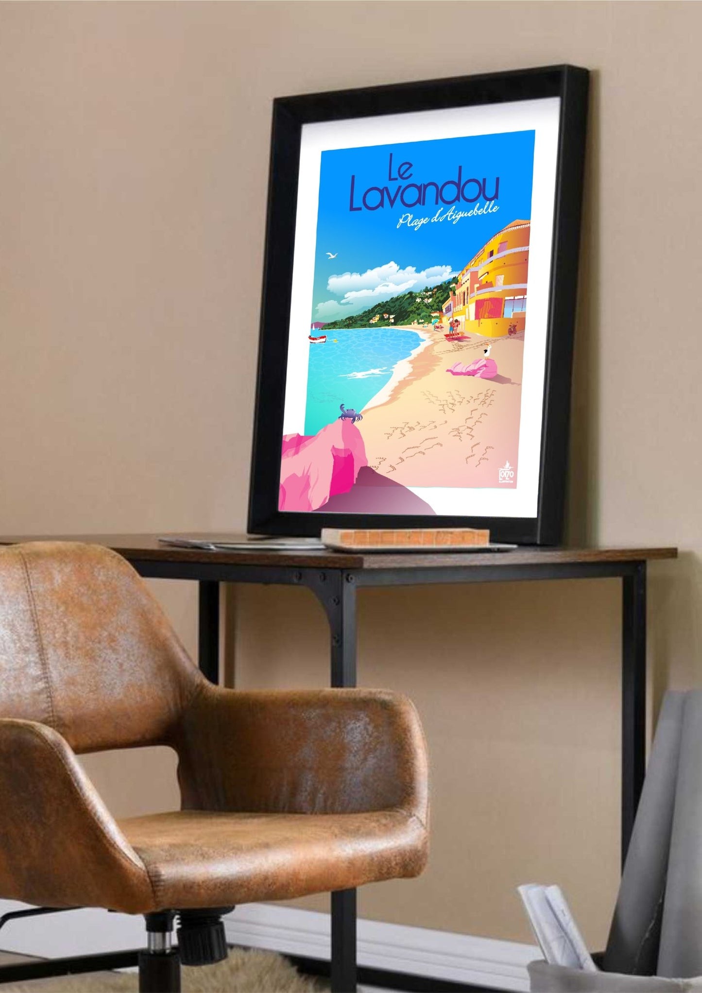 Illustration Néo - Rétro Le Lavandou Plage D'Aiguebelle - Couleurs Flamboyantes Et Vintage Décor - laurent loiseau