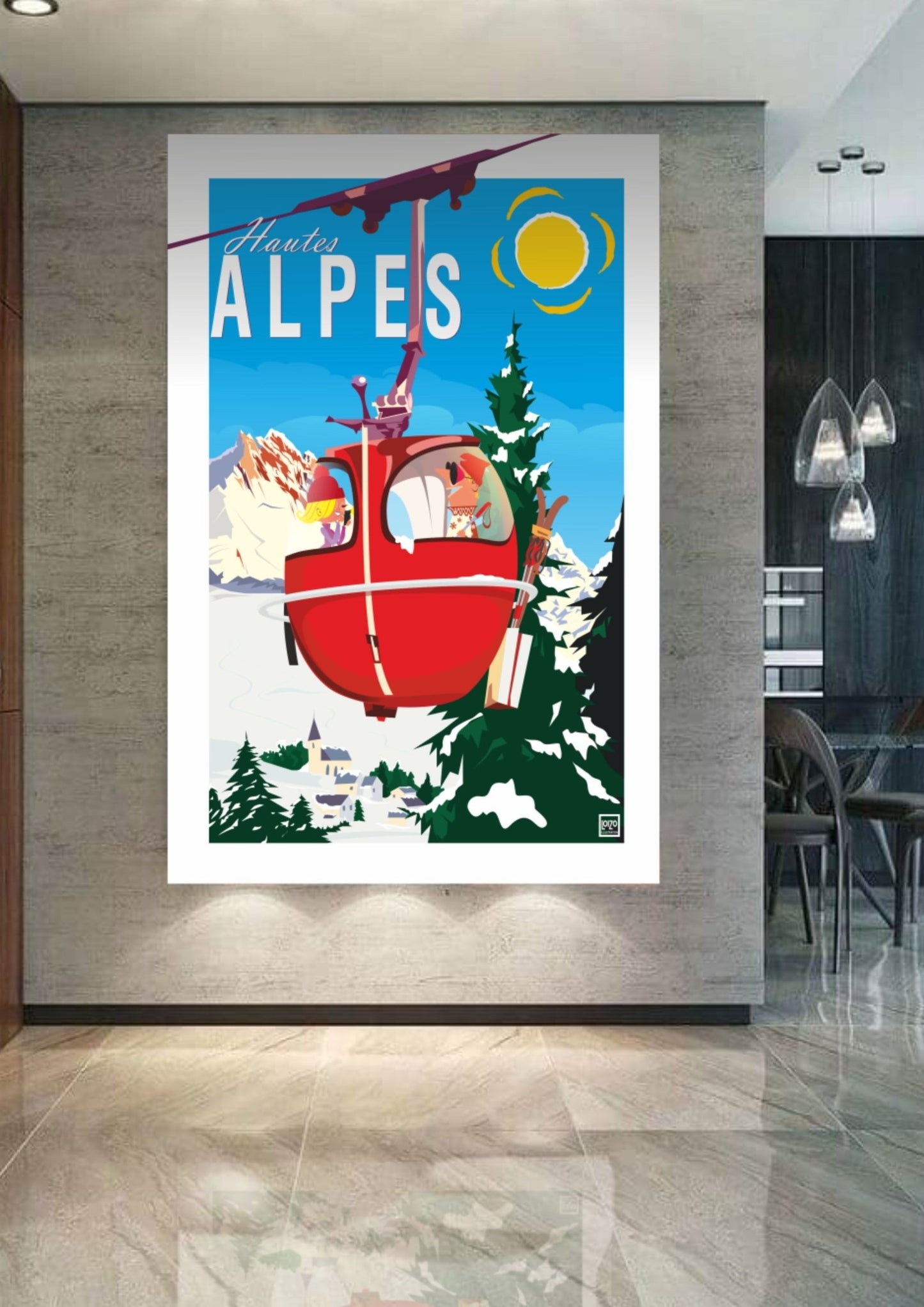 Illustration Hautes Alpes Télécabine Rouge "Œuf" - Originale Sur Papier Lithographique 270g Signée - laurent loiseau