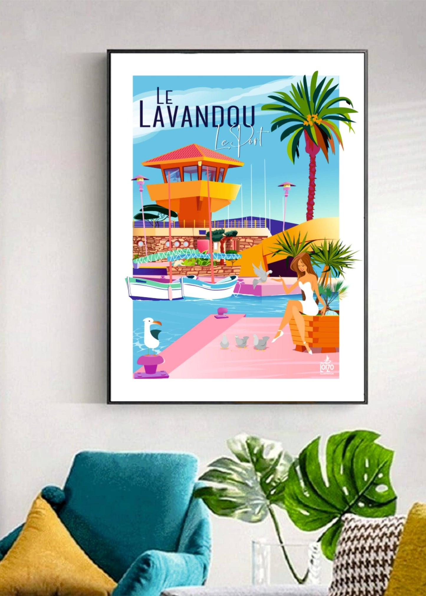Illustration Néo - Rétro Le Port Du Lavandou Avec Personnage Féminin – Couleurs Flamboyantes, Originale Laurent Loiseau - laurent loiseau