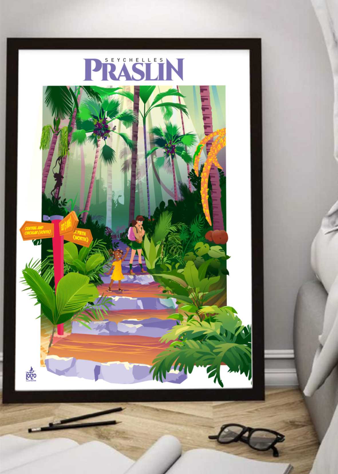 Illustration Originale Seychelles Praslin – Papier Lithographique 270gr Signé, Vintage, Couleurs Vives - laurent loiseau