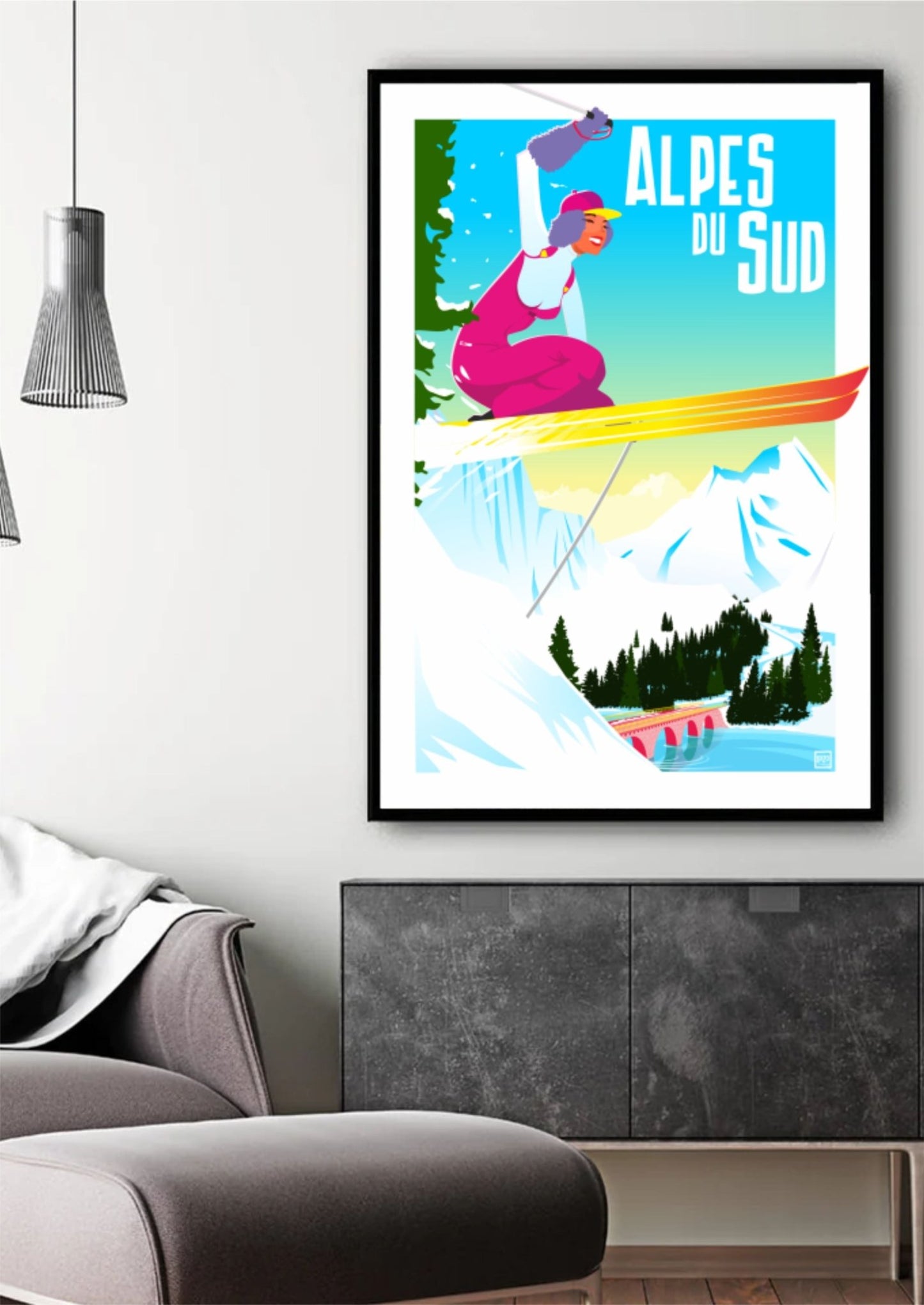 Illustration Originale Néo - Rétro 'Le Saut' Alpes Du Sud - Art Papier Lithographique 270g Signée - laurent loiseau