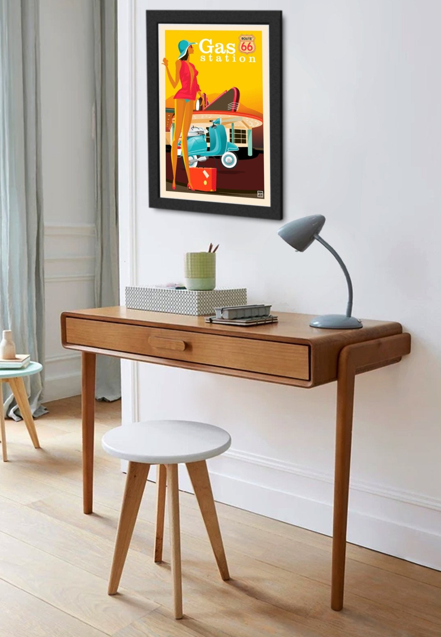 Affiche Vintage Pin - Up Gaz Station 66 - Illustration Signée sur Papier Lithographique 270gr - laurent loiseau