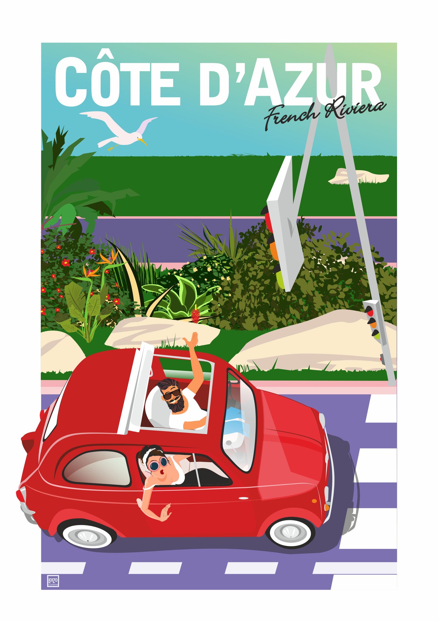 Côte d'Azur French Riviera "Fiat 500" illustration loizo