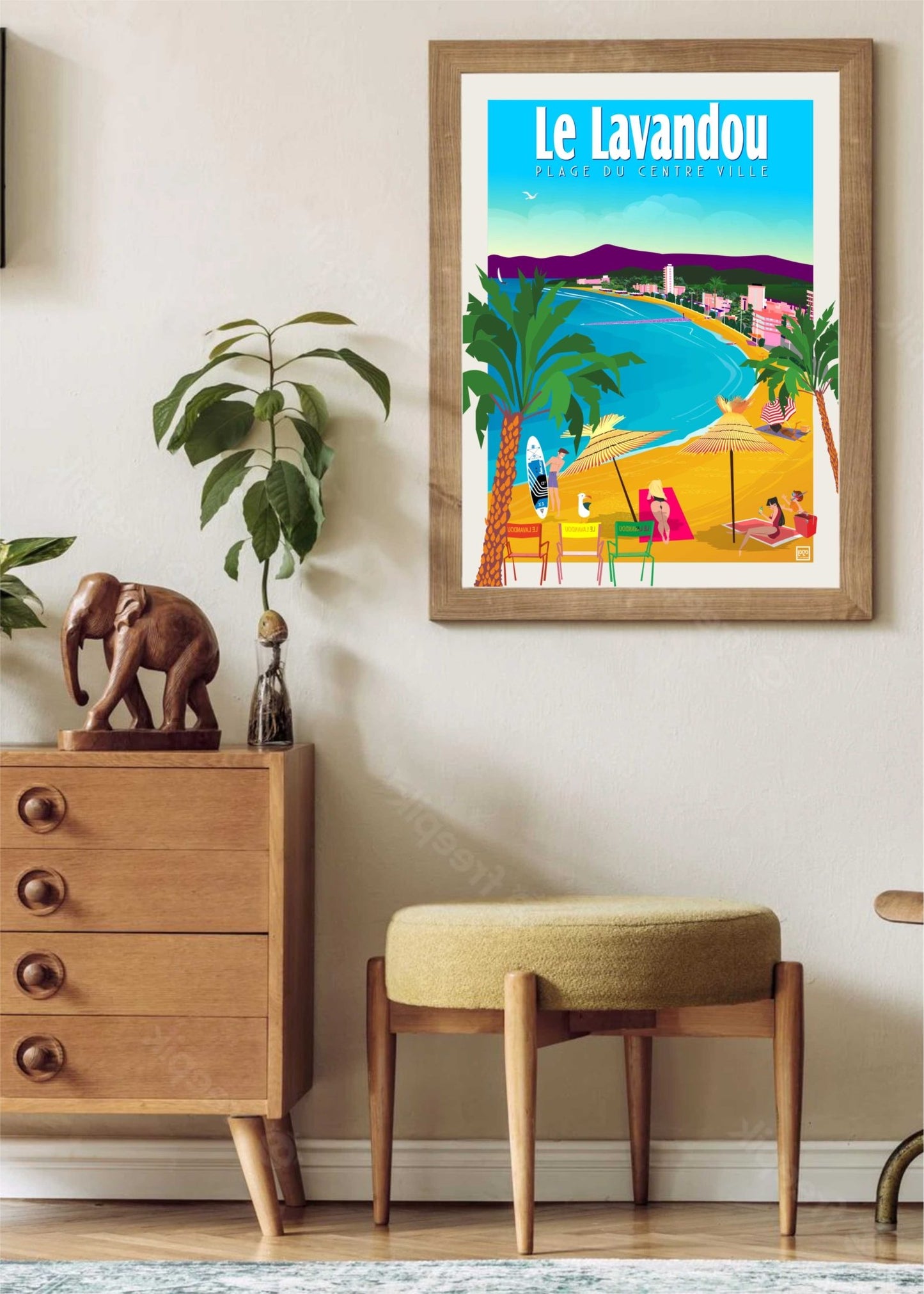 Illustration Néo - Rétro Plage Var Le Lavandou - Œuvre Vintage Flamboyante Sur Papier 270g - laurent loiseau