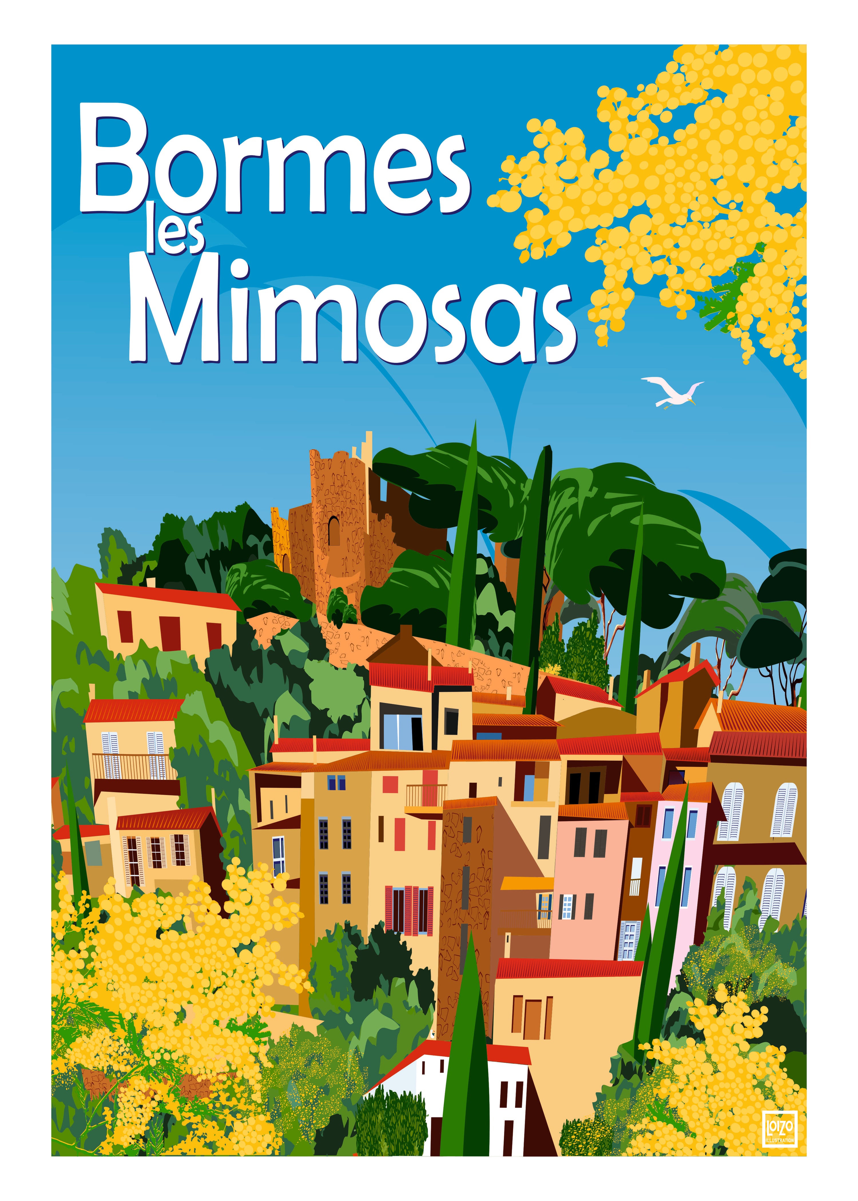 Illustration Unique de Laurent Loiseau représentant les Mimosas à Bormes, évoquant le charme de la nature, parfait comme cadeau pour Noël ou un anniversaire.