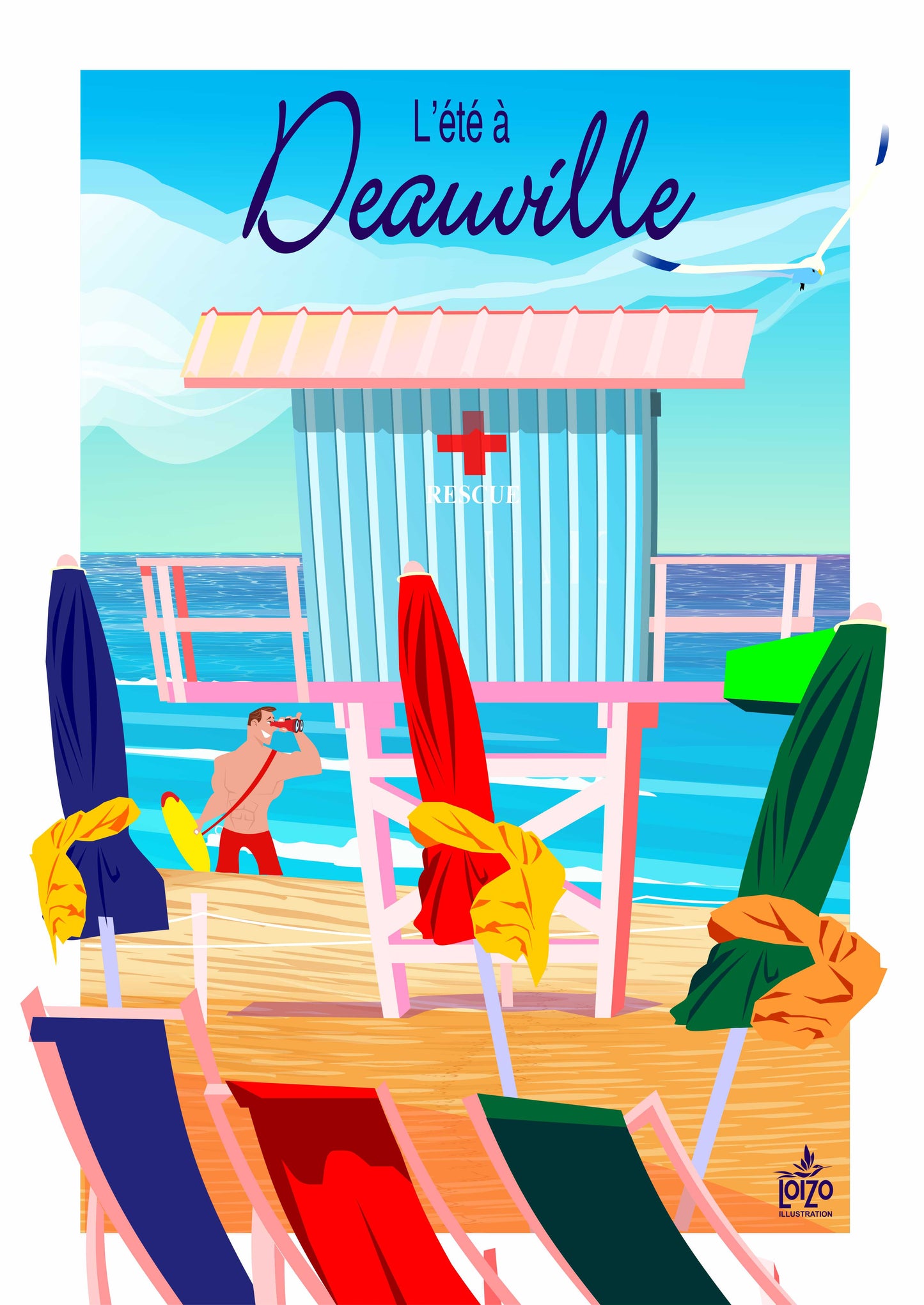 Illustration Originale Deauville - Vintage, Couleurs Vives, Néo-Retro