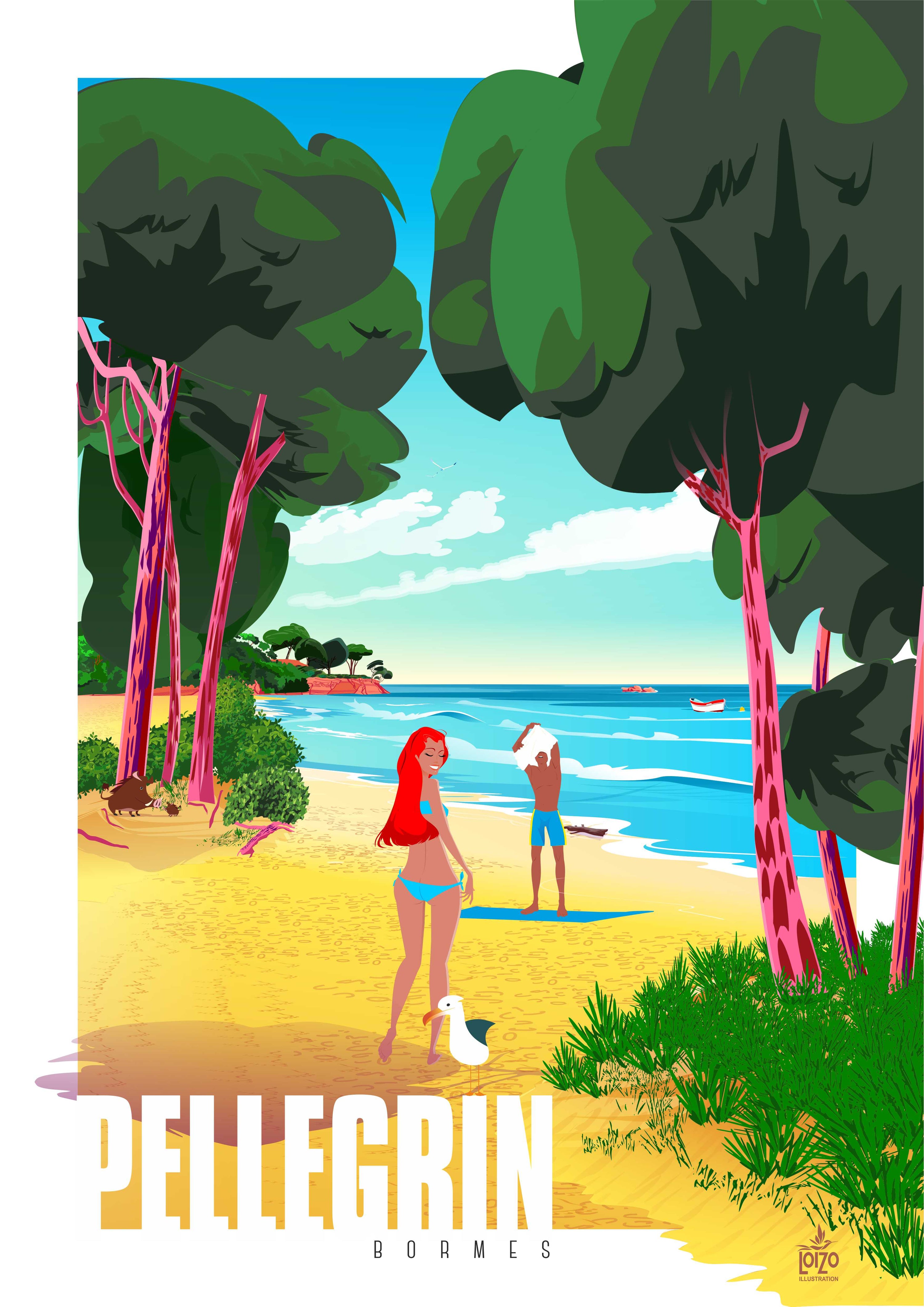 Illustration originale Plage de Pellegrin à Bormes-les-Mimosas, signée par l'artiste, mettant en avant une scène estivale sur la plage. Cette œuvre d'art unique de illustrations loiseau représente des personnes profitant du sable fin et de la Méditerranée, parfaite pour décorer votre espace. Idéale comme cadeau original pour un anniversaire ou pour Noël, c'est un poster qui capture le charme de la côte française et le design graphique inspiré du sud de la France.