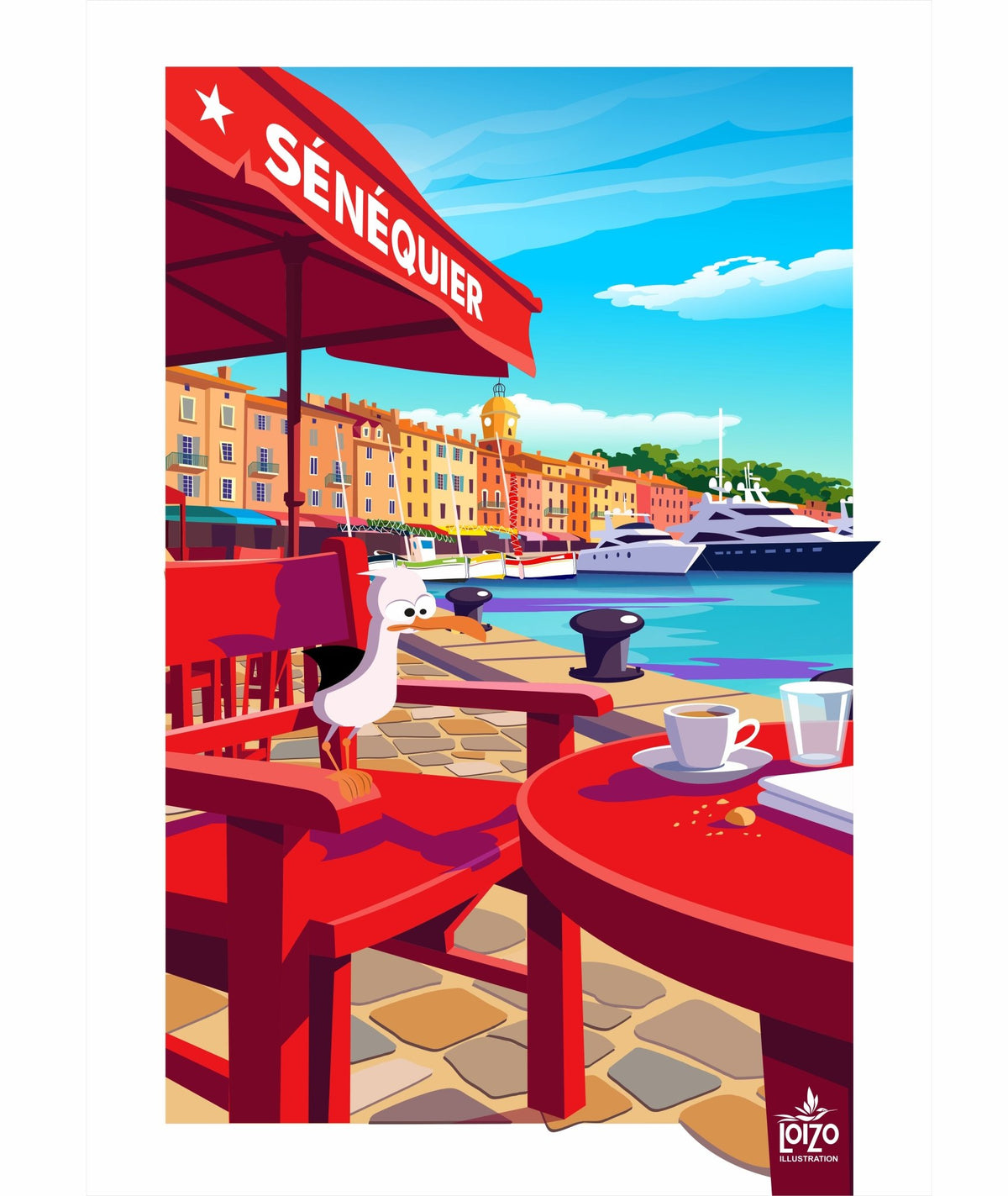 Illustration St Tropez- Œuvre Néo-Rétro sur Papier Lithographique 270g - laurent loiseau